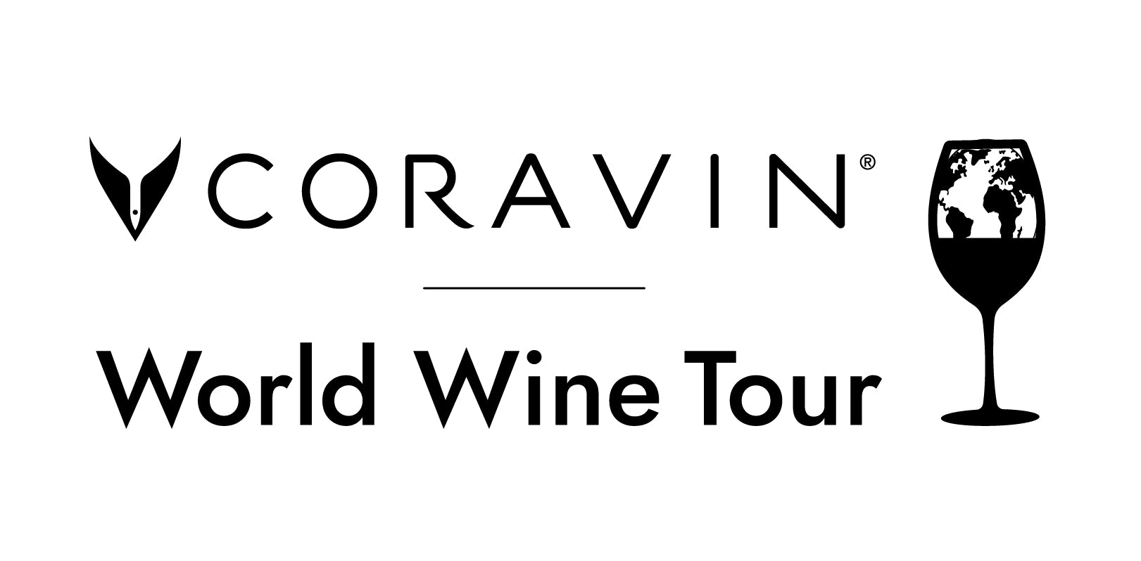 Coravin logo above "World Wine Tour," featuring a glass with a world map design.