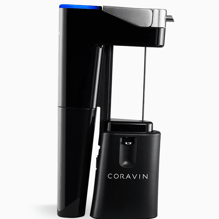 Black Coravin wine preservation system with blue accent and logo, featuring a sleek, modern design.