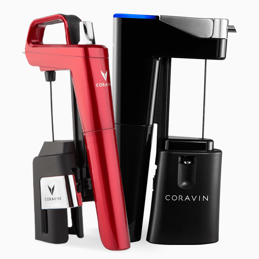 Two Coravin wine preservation systems, one in red and one in black, showcasing sleek designs and logos.