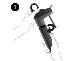 Hands holding a device with a detachable cone, demonstrating how to twist and remove the cone (step 1).