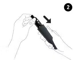 Step 2: Two hands holding a knife, demonstrating how to slide it out of the sheath.