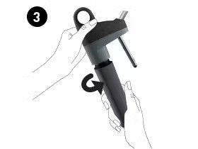 Step 3 shows hands gripping a tool with a cylindrical tip and a looping handle, indicating a twisting motion.