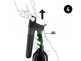 Hands using a corkscrew on a wine bottle, with an upward arrow indicating the pulling motion; step 4 highlighted.