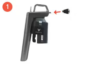 A spray gun with an arrow pointing to its nozzle, labeled as step 1 in a setup guide.