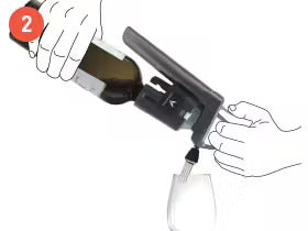 Hands pouring wine from a bottle into a glass using a wine aerator, labeled step 2.