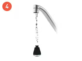 Water flowing from a modern kitchen faucet with a black aerator, displaying efficient water usage. Number 4 at the top.