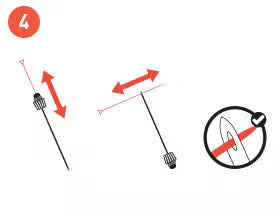Step 4 illustrates a tool adjusting in length, with arrows indicating movement, and a checkmark symbol near a pointed end.