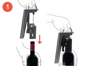 Hands using a wine opener to remove a cork from a bottle, showing a step-by-step process.