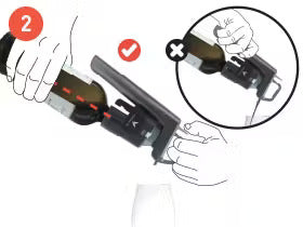 Guide illustrating proper and improper ways to secure a bottle into a holder, with marked steps and hand positions.