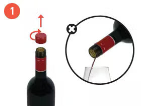Step 1: Remove the red cap from the wine bottle before pouring into a glass, with a "no" symbol next to a pouring bottle.