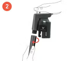 Step 2: Demonstration of twisting a black attachment onto a device, guided by a hand and an arrow.