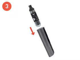 Step 3: A vape cartridge is being inserted into a sleek black holder, with an arrow pointing downward.