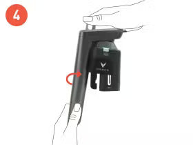 Hands holding a device, showcasing a rotating mechanism with visible instructions and a battery compartment. Step 4 indicated.