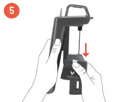 Hands holding a black device, with a vertical wire and a red arrow indicating downward movement, labeled step 5.