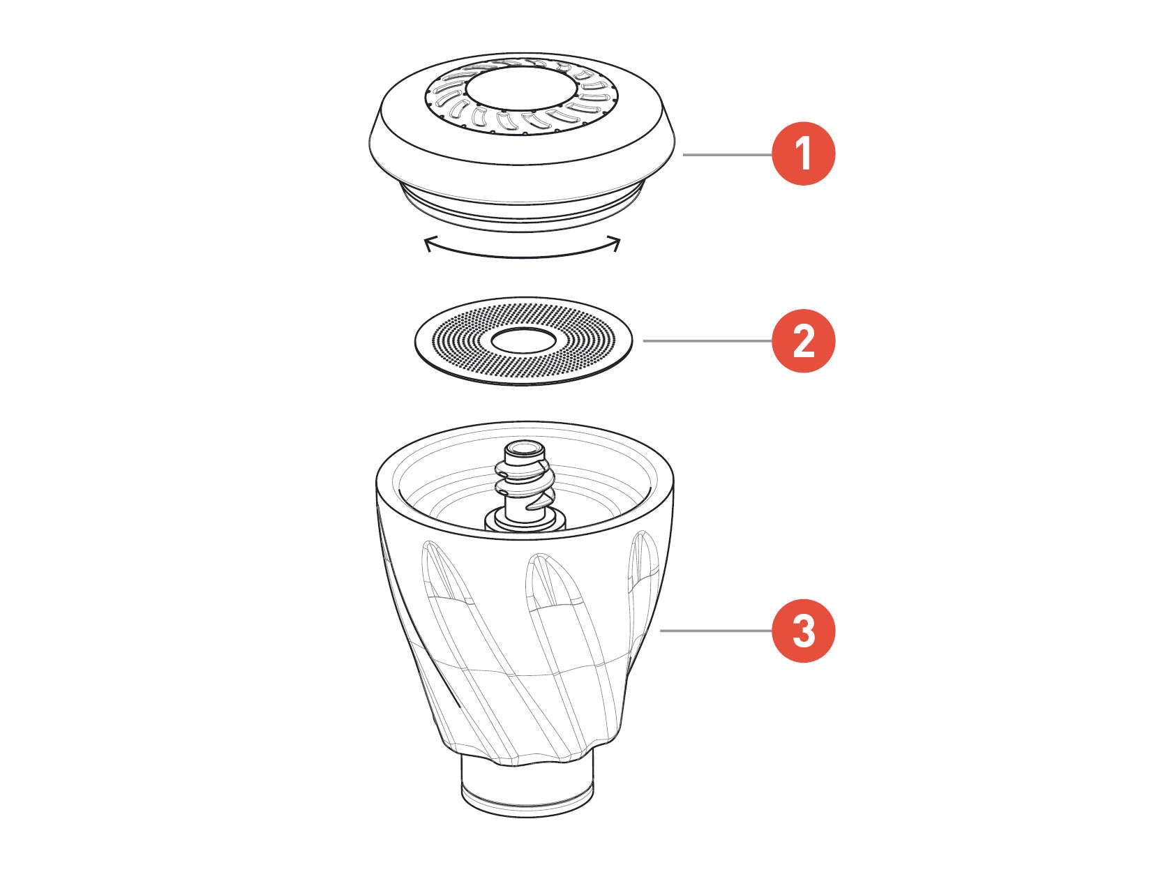 Diagram illustrating the assembly of a three-part device with labeled steps for guidance.