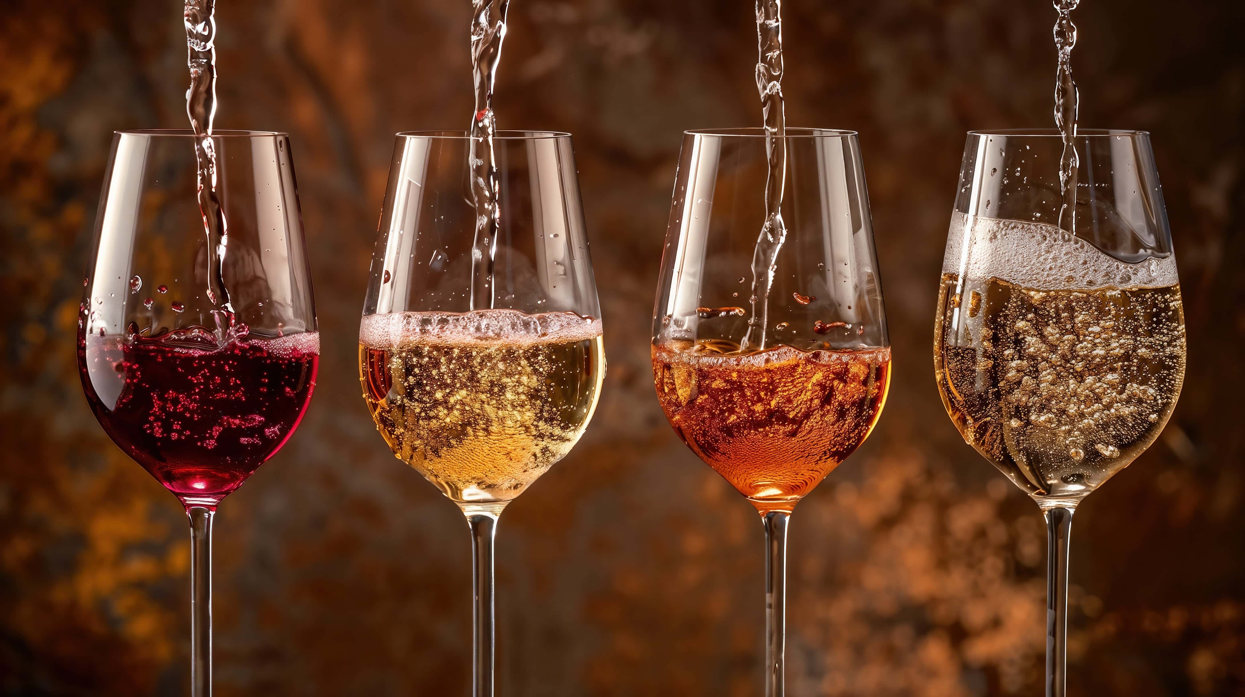 Four wine glasses being filled simultaneously with different sparkling wines—red, white, rosé, and golden—against a warm, blurred background