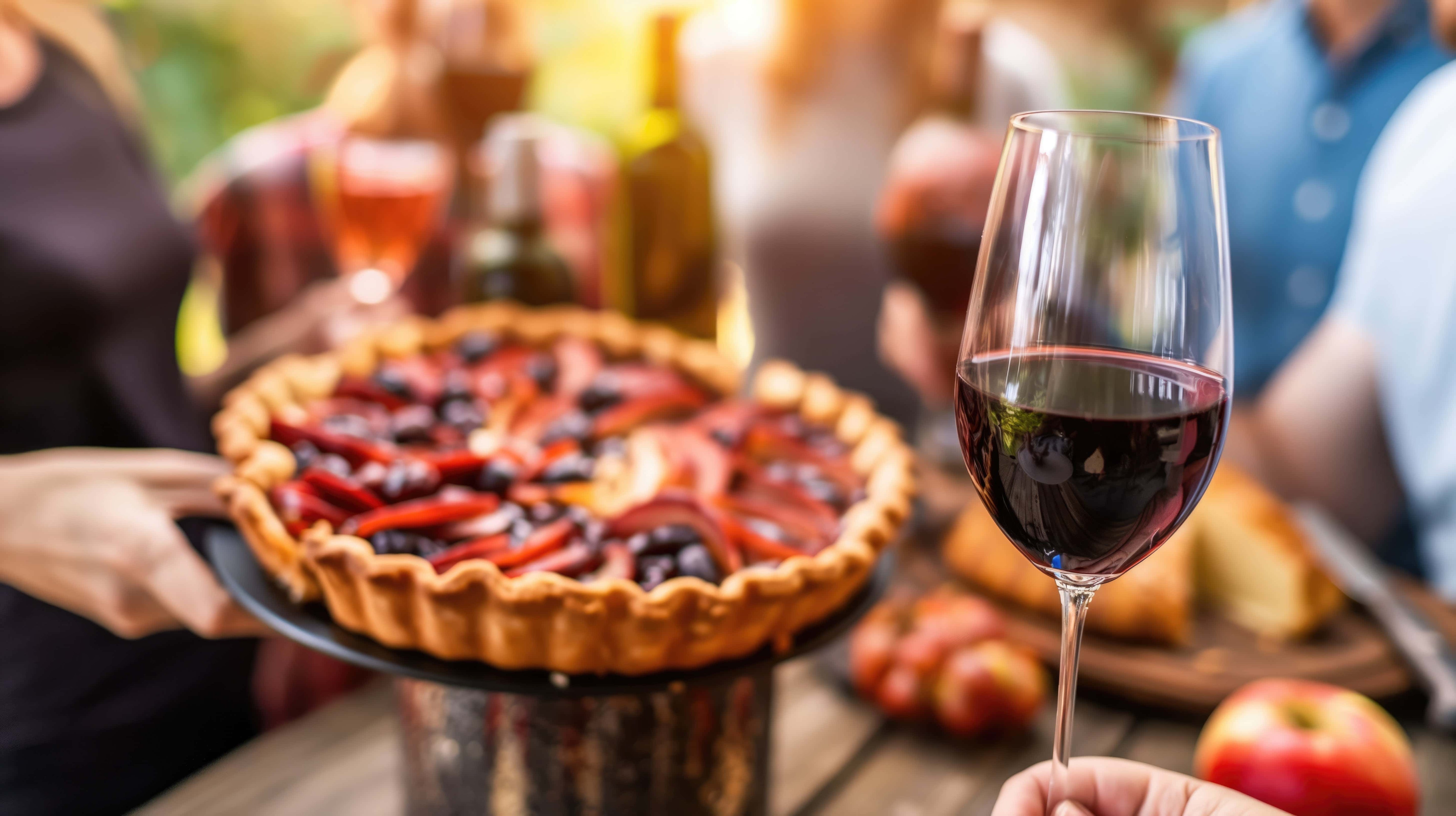 Close-up of a hand holding a glass of red wine at an outdoor gathering, with a colorful fruit tart in the foreground and blurred people, wine bottles, and apples in the background.
