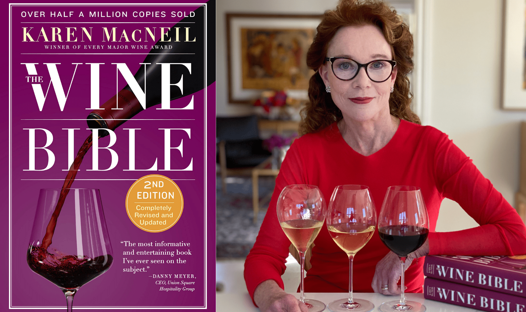 Karen MacNeil, author of The Wine Bible, seated with four wine glasses and multiple copies of her bestselling book, showcasing the second edition of the definitive wine guide.